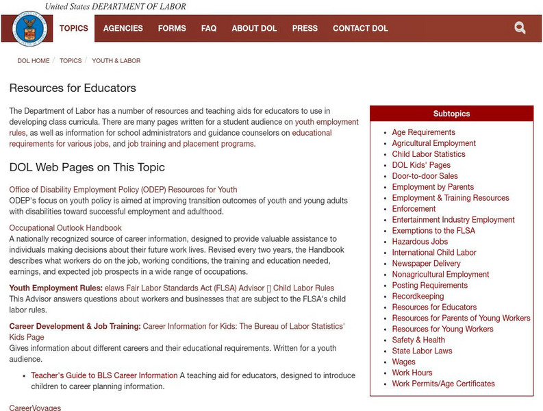 U.s. Department of Labor: Youth and Labor: Resources for Educators Website