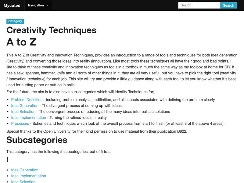 Mycoted: Creativity Techniques an a to Z Handout Mycoted: Creativity Techniques an a to Z Handout