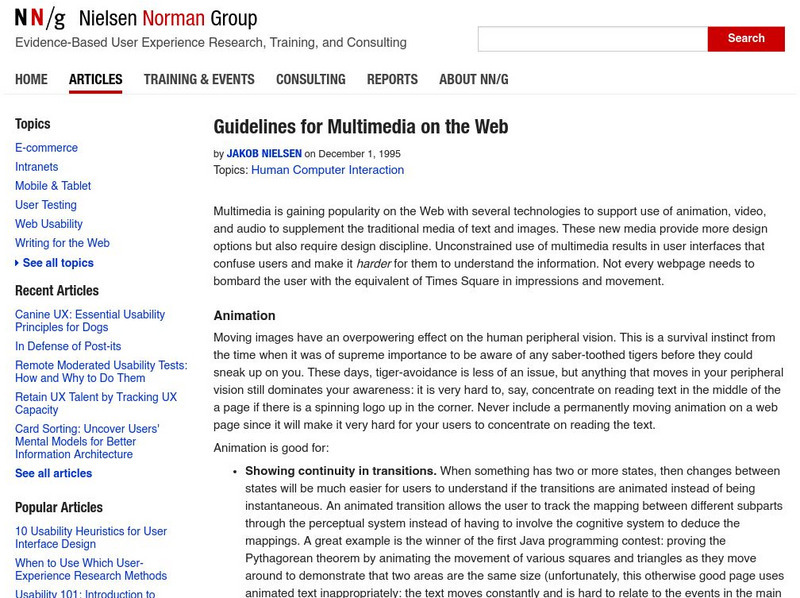 Nielsen Norman Group: Guidelines for Multimedia on the Web Article Nielsen Norman Group: Guidelines for Multimedia on the Web Article