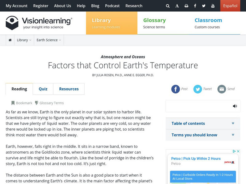 Visionlearning: Atmosphere and Oceans: Factors That Control Earth's Temperature Unit Plan Visionlearning: Atmosphere and Oceans: Factors That Control Earth's Temperature Unit Plan