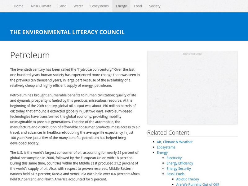 Environmental Literacy Council: Petroleum Article Environmental Literacy Council: Petroleum Article