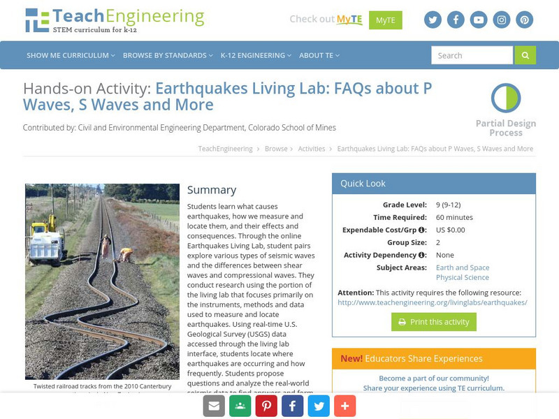 Teach Engineering: Earthquakes Living Lab: P Waves, S Waves and More Activity Teach Engineering: Earthquakes Living Lab: P Waves, S Waves and More Activity