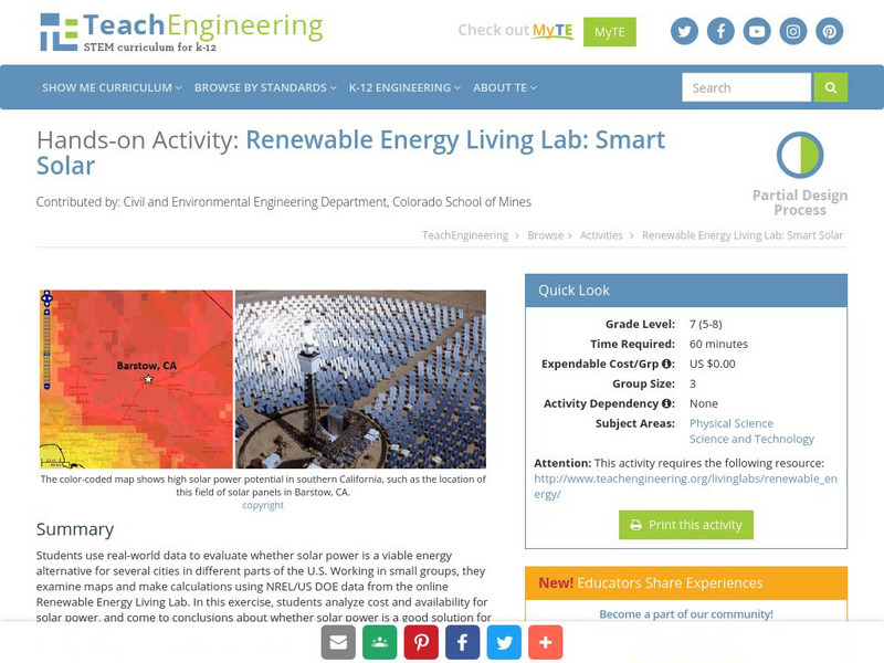 Teach Engineering: Renewable Energy Living Lab: Smart Solar Activity Teach Engineering: Renewable Energy Living Lab: Smart Solar Activity