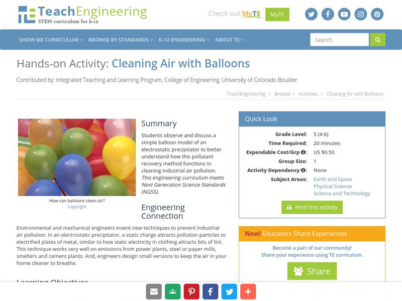 Teach Engineering: Cleaning Air With Balloons Activity Teach Engineering: Cleaning Air With Balloons Activity