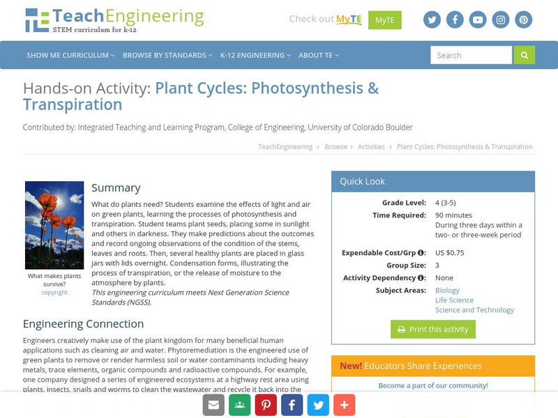 Teach Engineering: Plant Cycles: Photosynthesis & Transpiration Activity Teach Engineering: Plant Cycles: Photosynthesis & Transpiration Activity