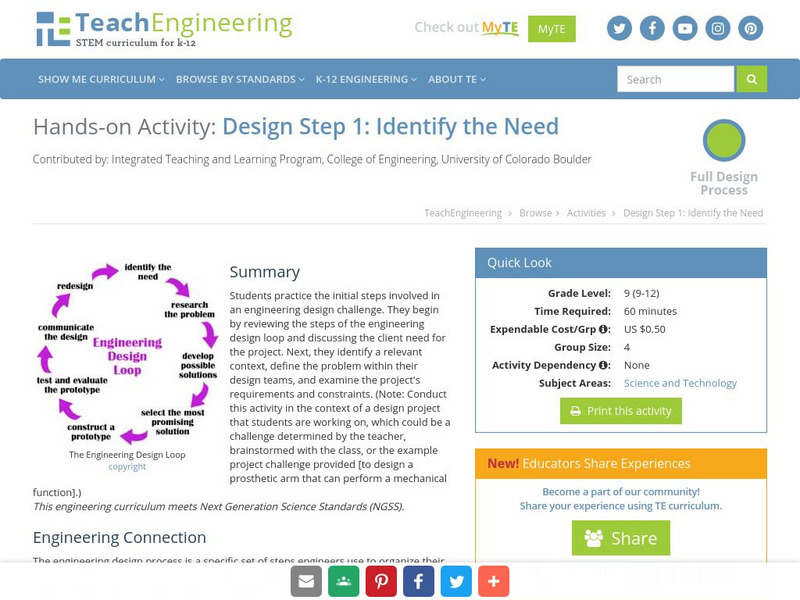 Teach Engineering: Design Step 1: Identify the Need Activity Teach Engineering: Design Step 1: Identify the Need Activity