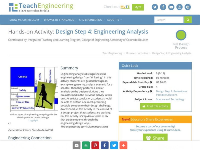 Teach Engineering: Design Step 4: Engineering Analysis Activity Teach Engineering: Design Step 4: Engineering Analysis Activity
