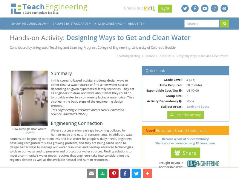 Teach Engineering: What Happened to the Water? Designing Ways to Get and Clean Activity Teach Engineering: What Happened to the Water? Designing Ways to Get and Clean Activity