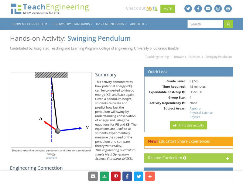Teach Engineering: Swinging Pendulum Activity Teach Engineering: Swinging Pendulum Activity