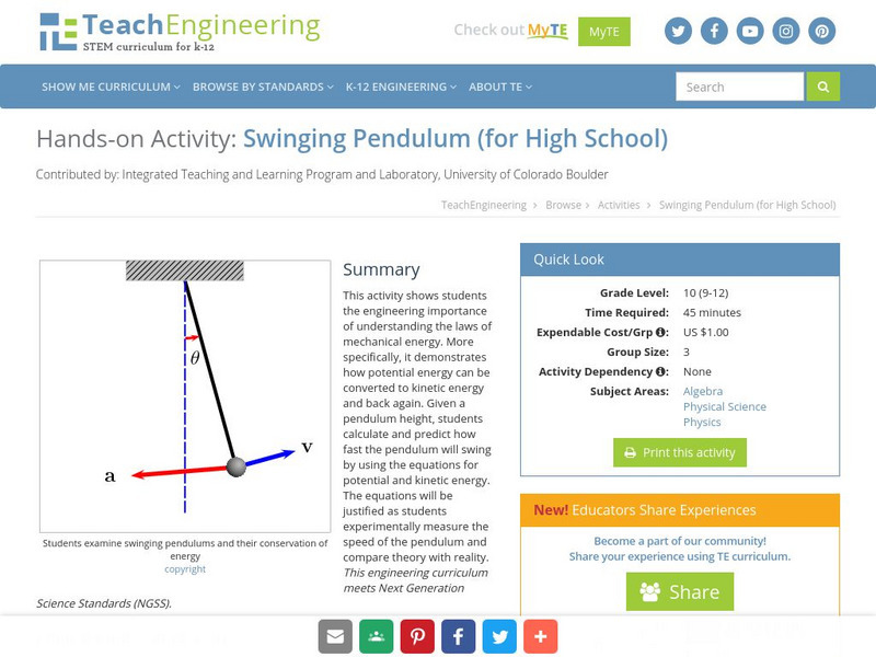 Teach Engineering: Swinging Pendulum Activity Teach Engineering: Swinging Pendulum Activity