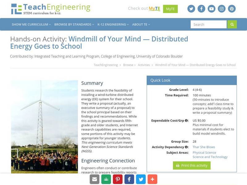 Teach Engineering: Windmill of Your Mind: Distributed Energy Goes to School Activity Teach Engineering: Windmill of Your Mind: Distributed Energy Goes to School Activity