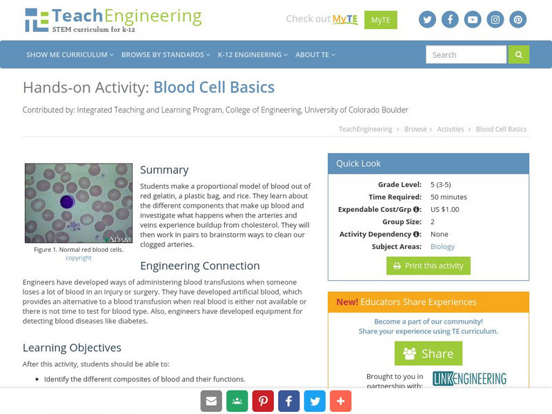 Teach Engineering: Blood Cell Basics Activity Teach Engineering: Blood Cell Basics Activity