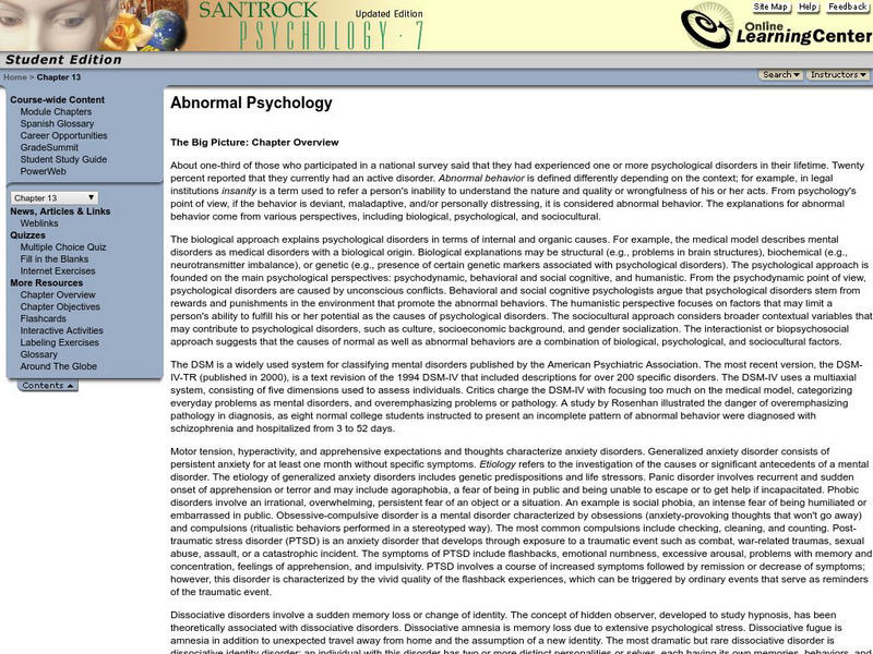 Mc Graw Hill: Abnormal Psychology: The Big Picture: Chapter Overview Unit Plan