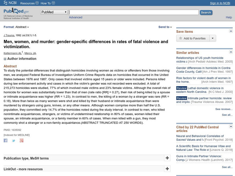 Pub Med: Men, Women, and Murder: Gender Specific Differences Article Pub Med: Men, Women, and Murder: Gender Specific Differences Article