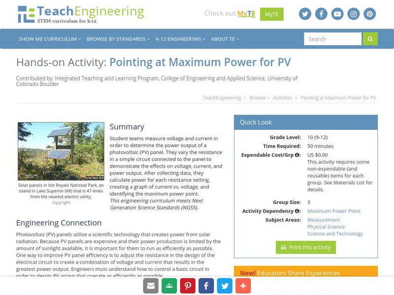 Teach Engineering: Pointing at Maximum Power for Pv Activity