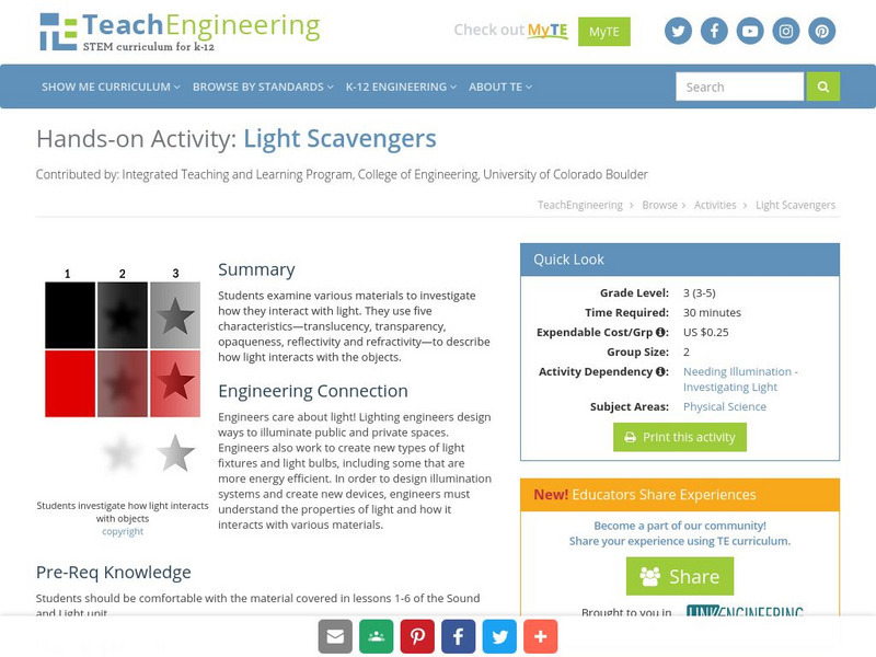 Teach Engineering: Light Scavengers Activity Teach Engineering: Light Scavengers Activity
