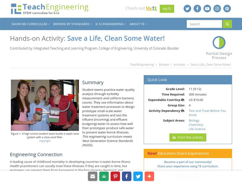 Teach Engineering: Save a Life, Clean Some Water! Lesson Plan Teach Engineering: Save a Life, Clean Some Water! Lesson Plan