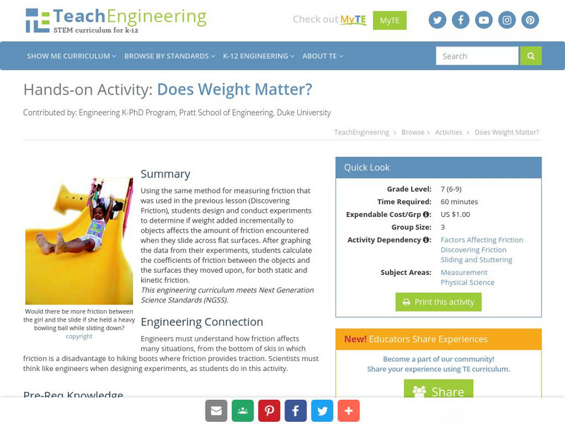 Teach Engineering: Does Weight Matter? Activity Teach Engineering: Does Weight Matter? Activity