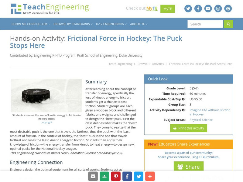 Teach Engineering: The Puck Stops Here Activity Teach Engineering: The Puck Stops Here Activity