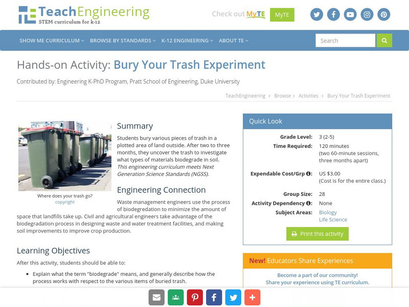 Teach Engineering: Bury Your Trash! Activity Teach Engineering: Bury Your Trash! Activity