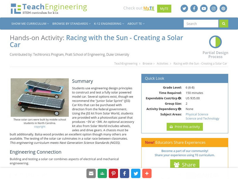 Teach Engineering: Racing With the Sun Creating a Solar Car Activity Teach Engineering: Racing With the Sun Creating a Solar Car Activity