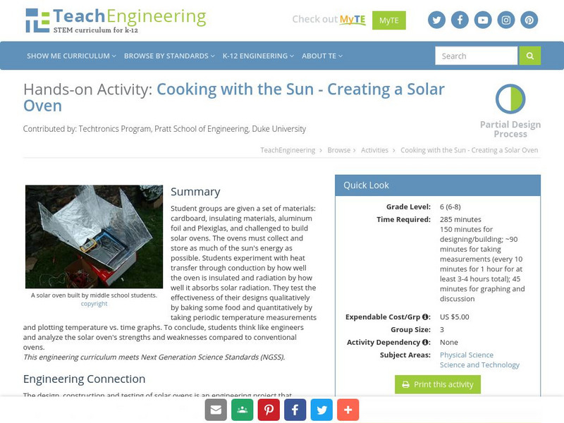Teach Engineering: Cooking With the Sun Creating a Solar Oven Activity Teach Engineering: Cooking With the Sun Creating a Solar Oven Activity