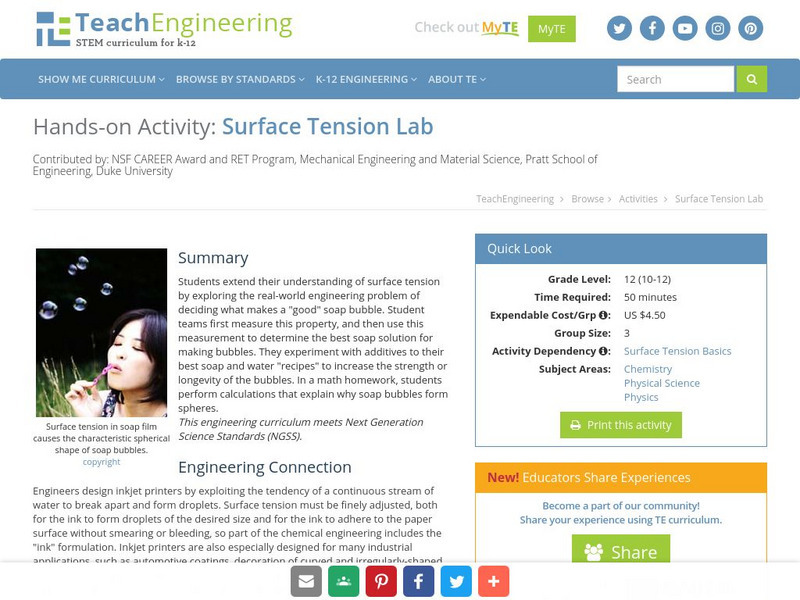 Teach Engineering: Surface Tension Lab Activity Teach Engineering: Surface Tension Lab Activity