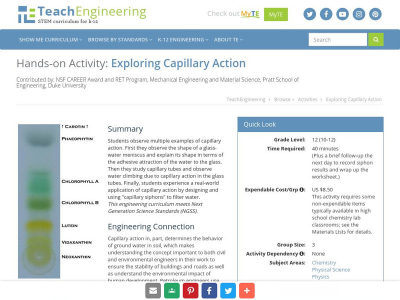 Teach Engineering: Exploring Capillary Action Activity