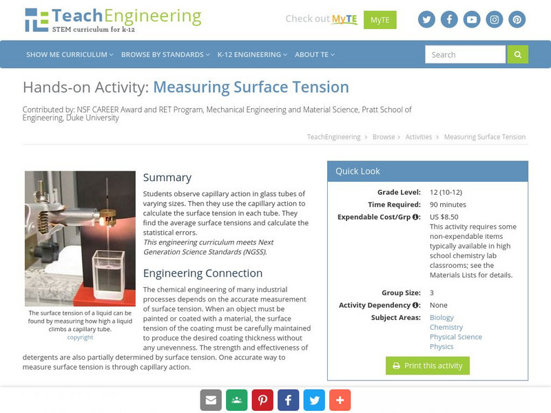 Teach Engineering: Measuring Surface Tension Activity Teach Engineering: Measuring Surface Tension Activity