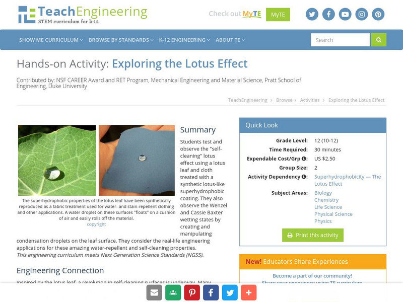 Teach Engineering: Exploring the Lotus Effect Activity