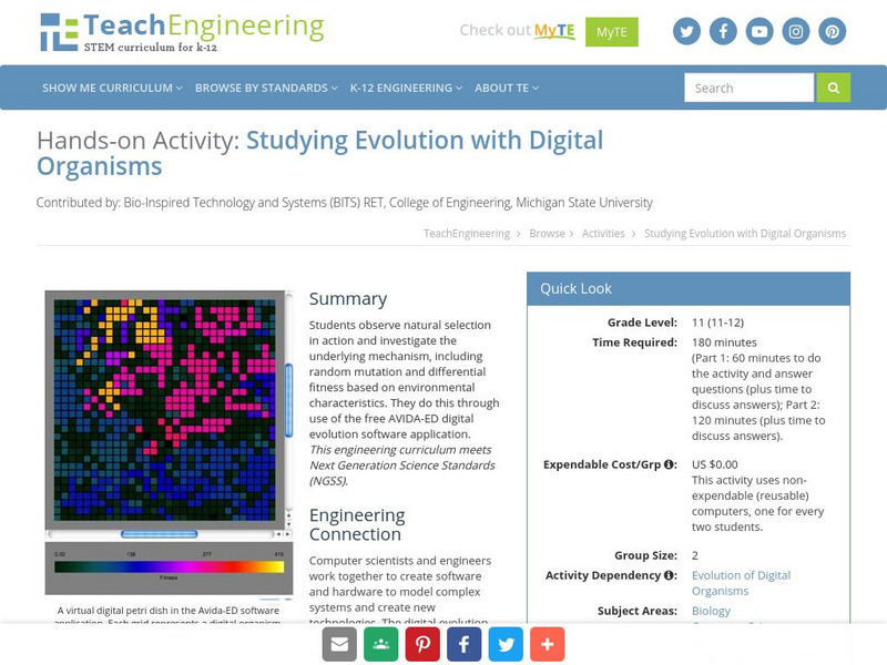 Teach Engineering: Studying Evolution With Digital Organisms Activity Teach Engineering: Studying Evolution With Digital Organisms Activity