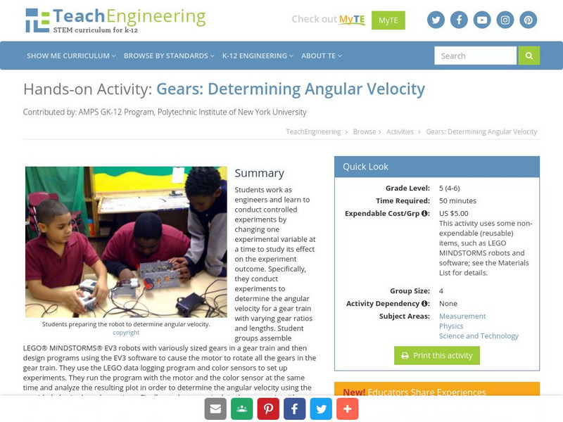 Teach Engineering: Gears: Determining Angular Velocity Activity Teach Engineering: Gears: Determining Angular Velocity Activity