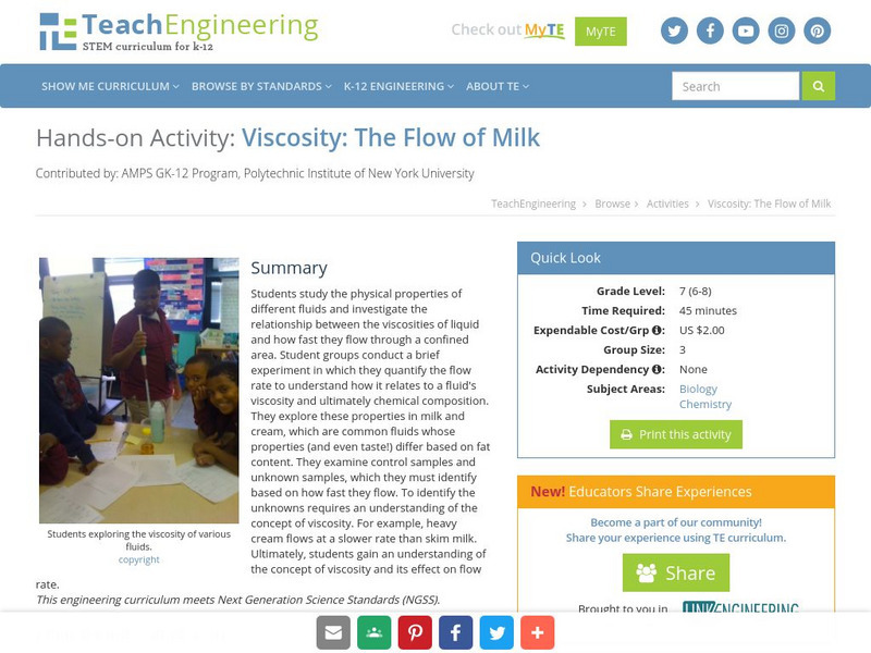 Teach Engineering: Viscosity: The Flow of Milk Activity Teach Engineering: Viscosity: The Flow of Milk Activity