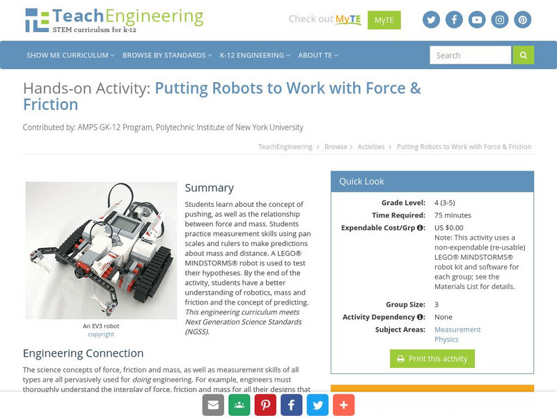 Teach Engineering: Putting Robots to Work With Force & Friction Activity Teach Engineering: Putting Robots to Work With Force & Friction Activity