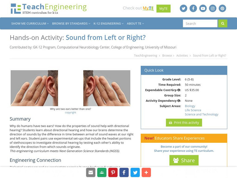 Teach Engineering: Sound From Left or Right? Activity Teach Engineering: Sound From Left or Right? Activity