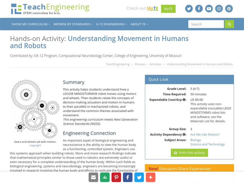 Teach Engineering: Understanding Movement in Humans and Robots Activity