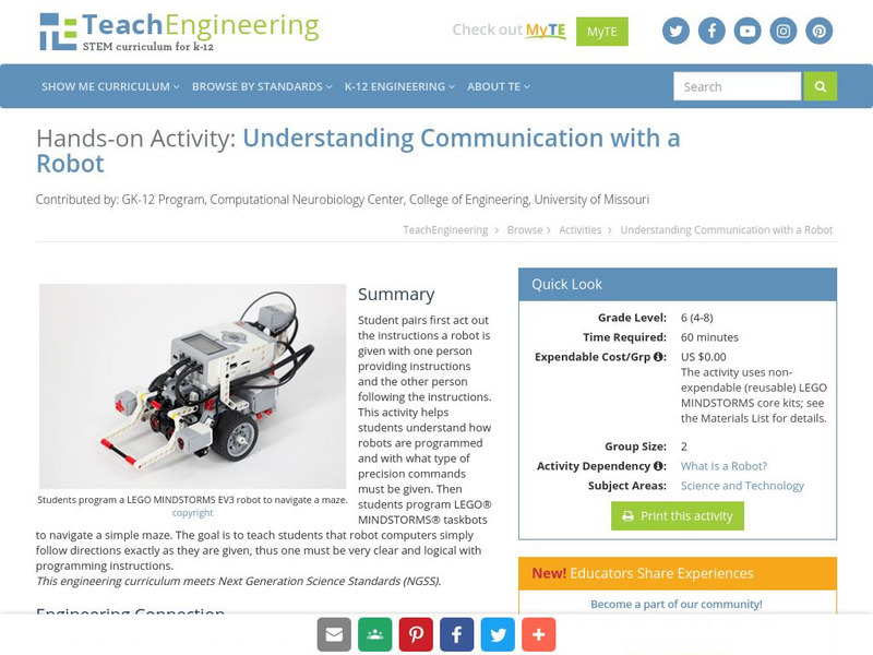 Teach Engineering: Understanding Communication With a Robot Activity Teach Engineering: Understanding Communication With a Robot Activity
