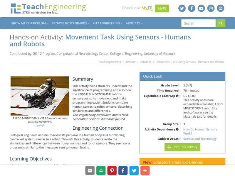 Teach Engineering: Movement Task Using Sensors Humans and Robots Activity Teach Engineering: Movement Task Using Sensors Humans and Robots Activity
