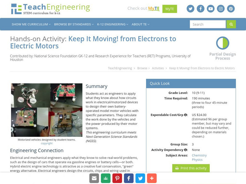 Teach Engineering: Keep It Moving! From Electrons to Electric Motors Activity Teach Engineering: Keep It Moving! From Electrons to Electric Motors Activity