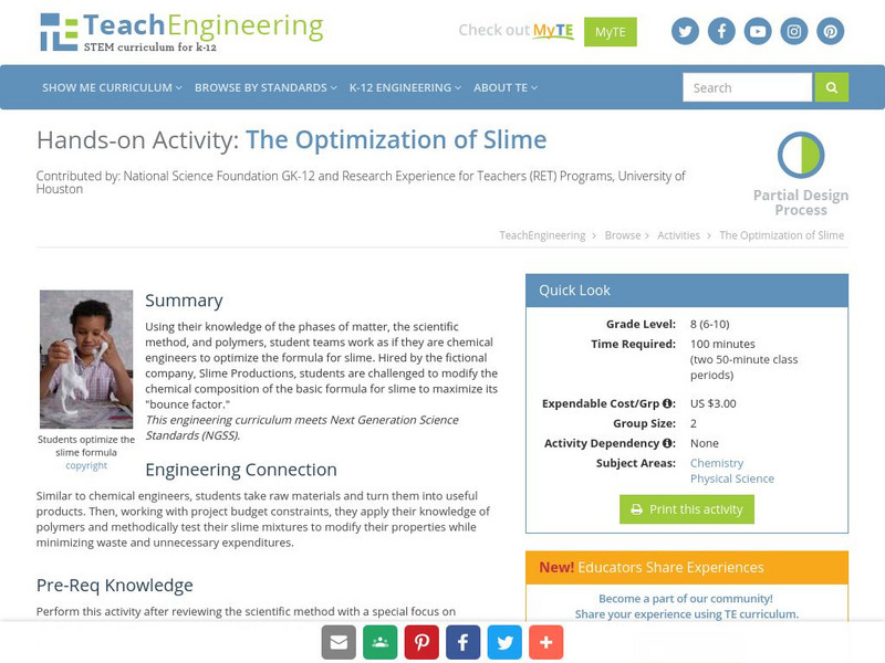 Teach Engineering: The Optimization of Slime Activity Teach Engineering: The Optimization of Slime Activity