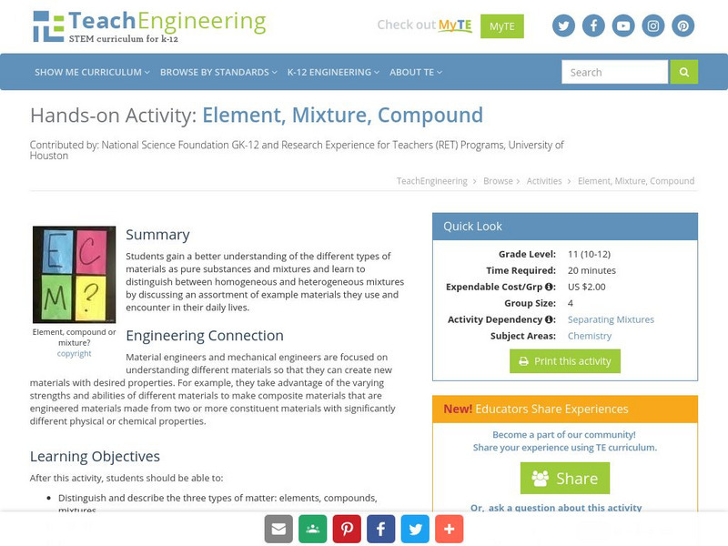 Teach Engineering: Element, Mixture, Compound Activity Teach Engineering: Element, Mixture, Compound Activity