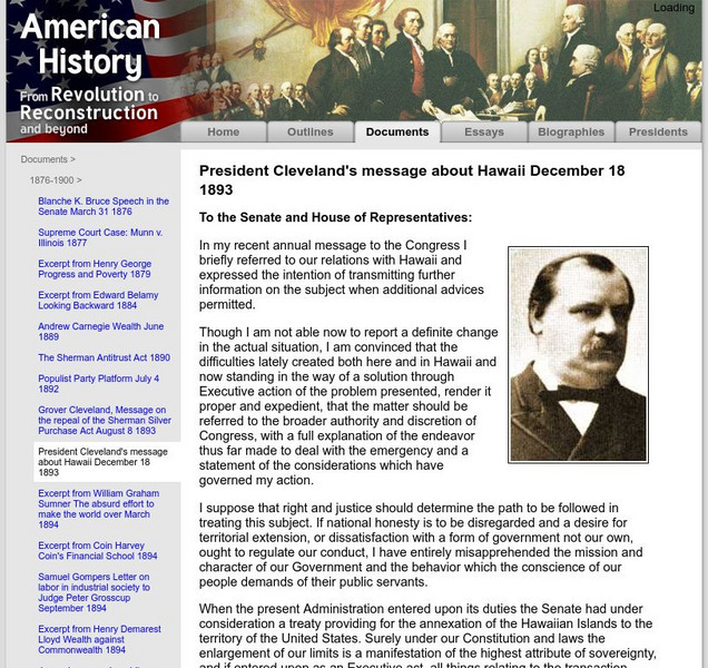 American History: Documents: President Cleveland's Message About Hawaii Primary American History: Documents: President Cleveland's Message About Hawaii Primary