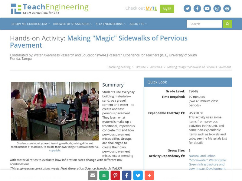 Teach Engineering: Making "Magic" Sidewalks of Pervious Pavement Activity Teach Engineering: Making "Magic" Sidewalks of Pervious Pavement Activity