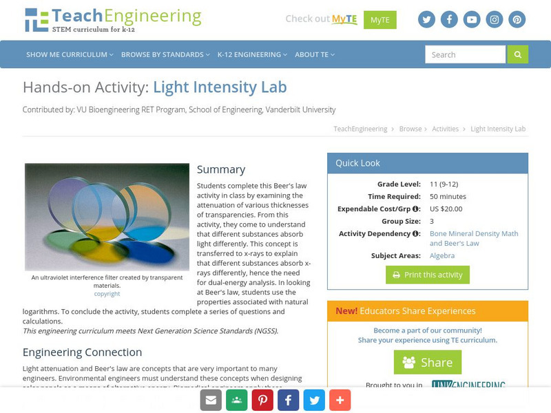 Teach Engineering: Light Intensity Lab Activity Teach Engineering: Light Intensity Lab Activity
