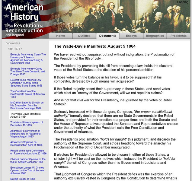 American History: Documents: The Wade Davis Manifesto August 5 1864 Primary American History: Documents: The Wade Davis Manifesto August 5 1864 Primary