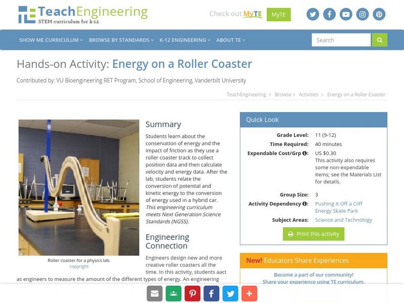 Teach Engineering: Energy on a Roller Coaster Activity Teach Engineering: Energy on a Roller Coaster Activity