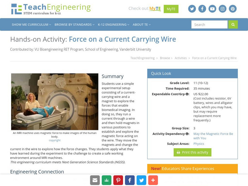 Teach Engineering: Force on a Current Carrying Wire Activity Teach Engineering: Force on a Current Carrying Wire Activity