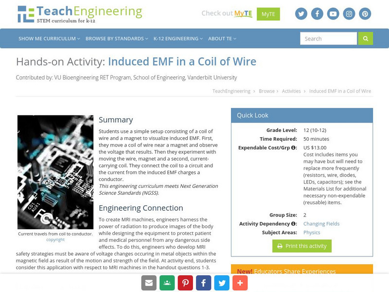 Teach Engineering: Induced Emf in a Coil of Wire Activity Teach Engineering: Induced Emf in a Coil of Wire Activity