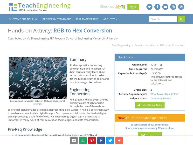 Teach Engineering: Rgb to Hex Conversion Activity Teach Engineering: Rgb to Hex Conversion Activity