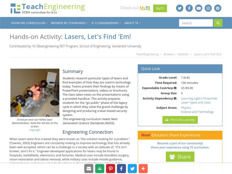 Teach Engineering: Lasers, Let's Find 'Em! Activity Teach Engineering: Lasers, Let's Find 'Em! Activity
